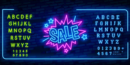SALE neon sign vector. SALE pop art Design template neon sign, light banner, neon signboard, nightly bright advertising, light inscription.のイラスト素材