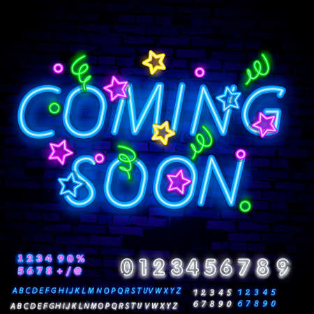 Coming Soon Neon Sign Vector with Brick Wall Background . Coming Soon Badge in neon style design element light banner announcement neon signboard night neon advensing.のイラスト素材