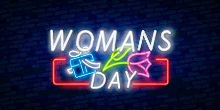 Glowing neon banner of world women's day on dark brick wall background. Spring greeting card to march 8 with rose flower and lettering.のイラスト素材