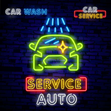 Car wash logo set vector design in neon style vector illustration isolated. Template, concept, luminous signboard icon on a car wash theme.のイラスト素材