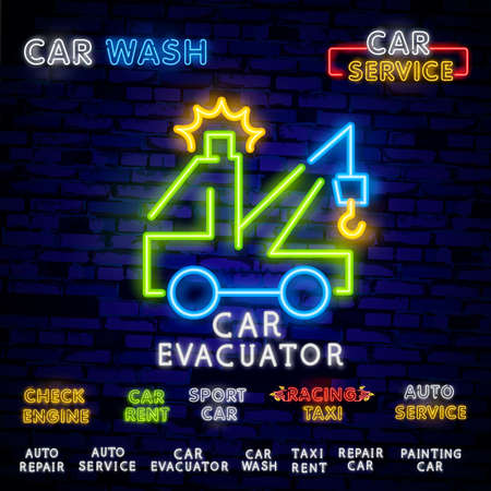 Tow trucks neon text with car being evacuated. Car evacuation advertisement design. Night bright neon sign, colorful billboard, light banner.のイラスト素材