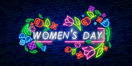 International Women's Day. 3d neon sign. Realistic neon sign. 8 march banner, logo, emblem and label.のイラスト素材