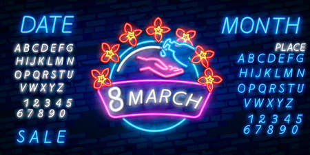 International Women's Day. 3d neon sign. Realistic neon sign. 8 march banner, logo, emblem and label.のイラスト素材