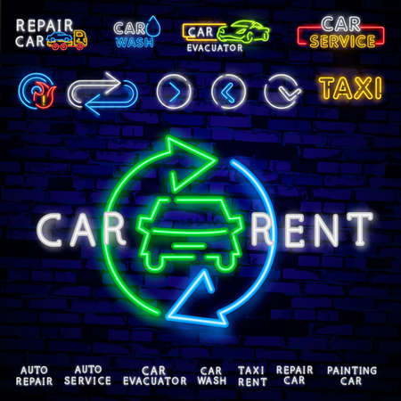 Rent car neon emblem vector design template. Trade Car neon signboard, light banner design element colorful modern design trend, night bright advertising, bright sign.のイラスト素材