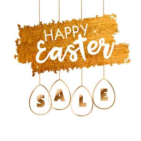 Happy easter sale offer, banner template. Gold ornate eggs with lettering, isolated on white white background. Easter eggs and bunny sale tags.のイラスト素材