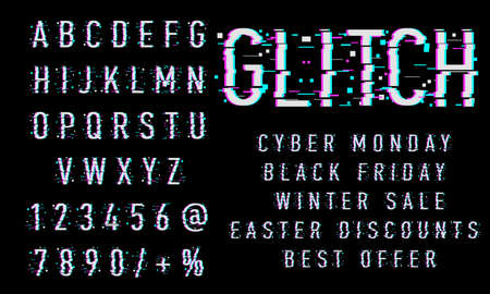 Vector of Glitch Modern Alphabet Letters and numbers, Grunge and Carved linear stylized rounded fonts, Minimal Italic Letters set for Futuristicのイラスト素材