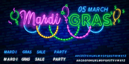 Carnival party is set of posters in neon style. Collection of neon signs, design template, brochure, glowing poster. Bright neon advertising of carnival, masquerade, dance party.のイラスト素材