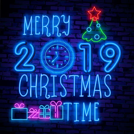2019 Happy New Year Neon Text. 2019 New Year Design template for Seasonal Flyers and Greetings Card or Christmas themed invitations. Light Banner.のイラスト素材