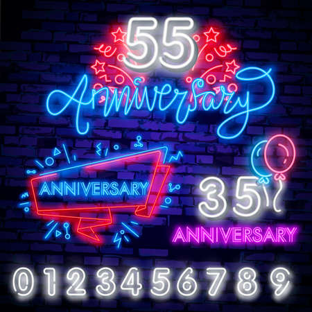 Anniversary lettering Neon sign, bright signboard, light banner. Vectorのイラスト素材