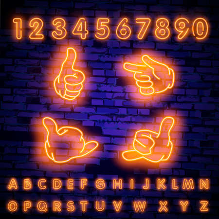 Neon hands with gloves icon set isolated. Vector clipart - parts of body, arms in gloves.のイラスト素材