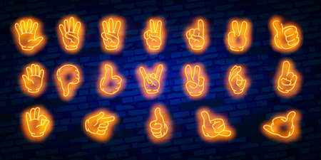 Neon hands with gloves icon set isolated. Vector clipart - parts of body, arms in gloves.のイラスト素材