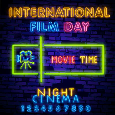 Cinema night set neon sing, label and logo. Cinema banner Design template, logo, emblem and label. Bright signboard, nightly bright advertising.のイラスト素材