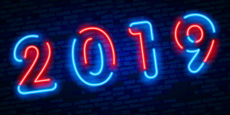 Happy New Year 2019 illustration in colorful trend neon style. Luminous neon number 2019 on the...