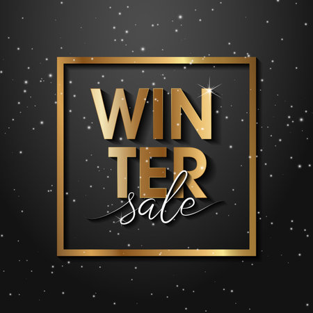 Premium luxury Winter Sale background for holiday promo banner. Golden confetti with gold Christmas text on vip black background. Gold calligraphy lettering.