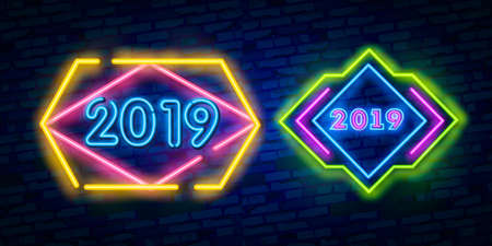 Vector realistic isolated neon sign of 2019 logo for decoration and covering on the wall background.のイラスト素材
