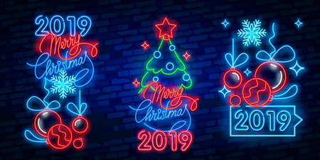 Merry Christmas and 2019 Happy New Year neon sign with snowflakes, hanging christmas ball, santa hat, candy.のイラスト素材