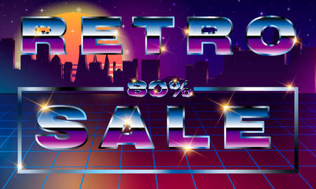Fancy retrofuturistic neon font on dark backround. Synthwave vaporwave style.のイラスト素材