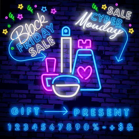 Big set neon billboard, theme Black Friday. Discount. Big sale. Cyber Monday logo, label and emblem.のイラスト素材