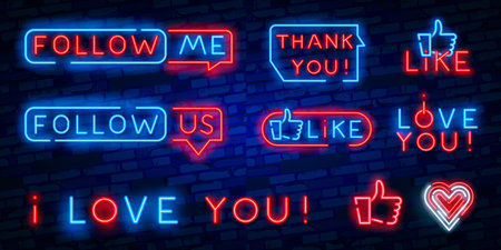 Follow me neon sign on the brick wall with hearts and speech bubble. Realistic neon effect for...
