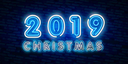 2019 Happy New Year Neon Text. 2019 New Year Design template for Seasonal Flyers and Greetings Card or Christmas themed invitations. Light Banner. Vector Illustration.のイラスト素材