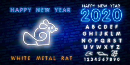 Two thousand twenty neon sign with joyful rat on brick wall background. Vector illustration in neon style for Christmas banners, New Year posters, party invitationのイラスト素材