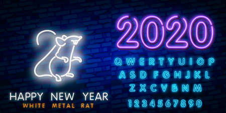 Two thousand twenty neon sign with joyful neon rat 2020 on brick wall background. Vector illustration in neon style for Christmas banners, New Year posters, party invitationのイラスト素材
