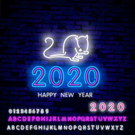 Two thousand twenty neon sign with joyful rat on brick wall background. Vector illustration in neon style for Christmas banners, New Year posters, party invitationのイラスト素材