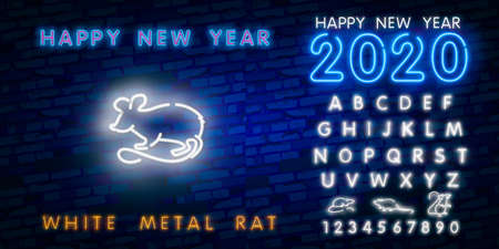 Two thousand twenty neon sign with joyful neon rat 2020 on brick wall background. Vector illustration in neon style for Christmas banners, New Year posters, party invitationのイラスト素材