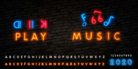 Music note neon sign. Party, disco and advertisement design. Vector realistic isolated neon retro sign of notes for decoration and covering on the wall background. Concept of music, jazz and djのイラスト素材