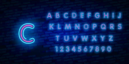 Big Collection of Bright Neon Alphabet Letters, Numbers and Symbols Sign in Vector. Night Show. Night Club. Neon illustrationのイラスト素材