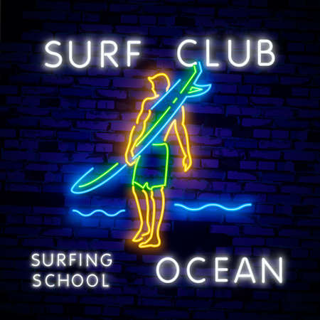 Surfing Poster in Neon Style. Glowing Sign for Surf Club or Shop. Surfboards Electric Icons on Brick Wall Background. Extreme sport, activity and leisure design. Night neon sign, colorful billboardのイラスト素材