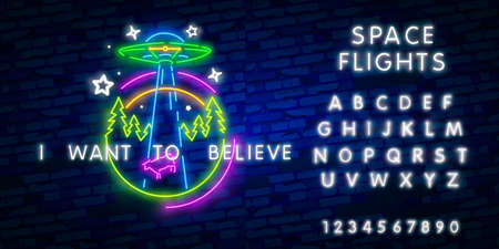 UFO neon sign vector design template. Aliens neon logo, light banner design element colorful modern design trend, night bright advertising, bright sign. Vector illustration. Editing text neon signのイラスト素材