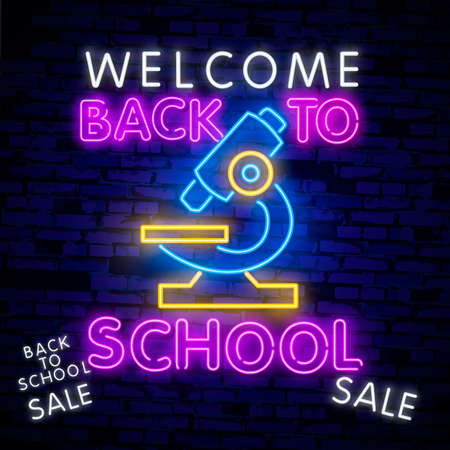 Back to School Welcome greeting card design template neon vector. Modern trend design, the beginning of the school year neon sign. Back to School for greeting card, invitation poster.のイラスト素材