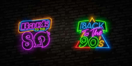 Back to 80's neon sign, bright signboard, light banner. Back to 80s logo neon, emblem.のイラスト素材