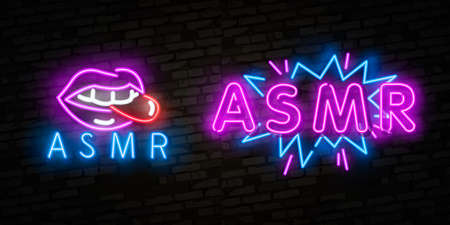 ASMR Neon Text Vector. Autonomous sensory meridian response neon sign, design template, modern trend design, night neon signboard, night bright advertising.のイラスト素材
