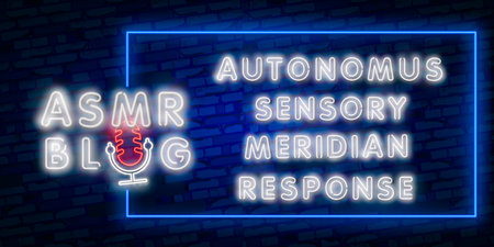 ASMR Neon Text Vector. Autonomous sensory meridian response neon sign, design template, modern trend design, night neon signboard, night bright advertising.のイラスト素材