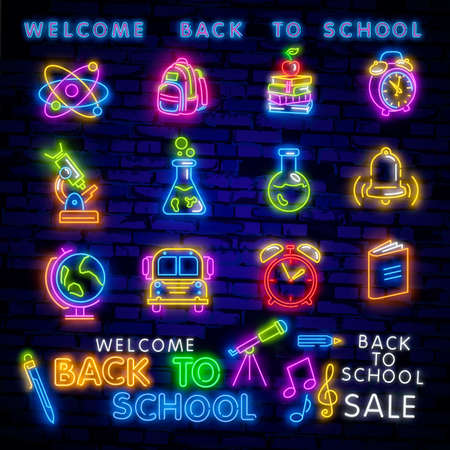 Back to School Welcome greeting card design template neon vector. Modern trend design, the beginning of the school year neon sign. Back to School for greeting card, invitation poster. Vectorのイラスト素材