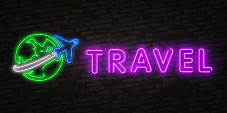 Big set of Summer Travel Neon Icons. Vector Illustration of Vacation Promotion. Neon Time to Travel and Summer Holiday iconのイラスト素材
