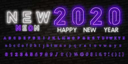Neon sign happy new year 2020 on a dark background with bright alphabets. Can be used for greeting card, invitation and other. Vector illustration.のイラスト素材