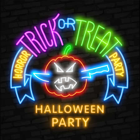 Halloween neon sign vector. Trick or treat Halloween Design template with ghost and web for banner, poster, greeting card, party invitation, light banner. Isolated illustrationのイラスト素材