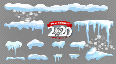 Snow caps collection on transparent background. Cartoon snow caps set. Winter snowy elements in motion. Vector illustrationのイラスト素材