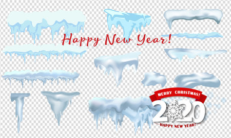 Snow caps collection on transparent background. Cartoon snow caps set. Winter snowy elements in motion. Vector illustrationのイラスト素材