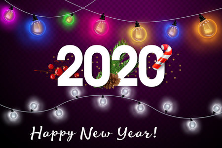 Happy new year 2020 Greeting card. Celebration dark background with garland, star, number 2020....