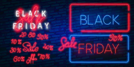 Dark background for black Friday sale. Modern neon red billboard on brick wall. Concept of advertising for seasonal offerのイラスト素材