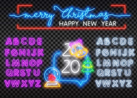 2020 symbol on luminous neon background. 2020 Happy new year. Vector illustration witn realistic blue and pink neon tubes on walls. Neon Happy new year.のイラスト素材