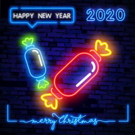 Candies neon sign. Invitation, dessert or advertisement design. Night bright neon sign, colorful billboard, light banner. Vector illustration in neon style.のイラスト素材
