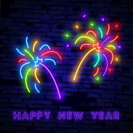 Fireworks neon sign. Party or advertisement design. Night bright neon sign, colorful billboard, light banner.のイラスト素材
