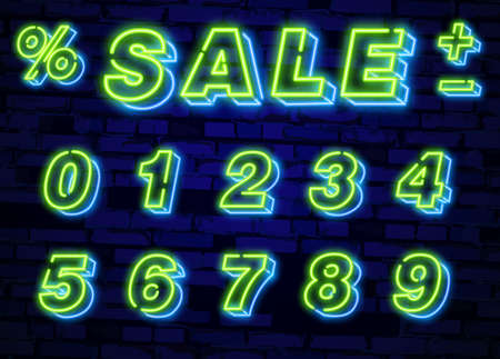 Number symbols collection neon sign vector. Design element number template neon icon, light banner, neon signboard, nightly bright advertising, light inscription. Vector illustrationのイラスト素材