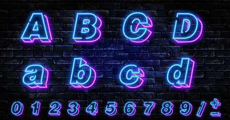 Neon city color blue font. English alphabet and numbers sign. Vector illustrationのイラスト素材