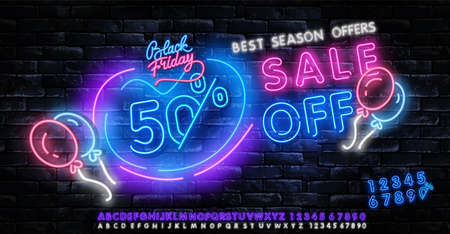 Black Friday Sale Neon Banner Vector. Black Friday neon sign. 50 0FF night neon signboard, night bright advertising, light banner, light art. Vector illustrationのイラスト素材